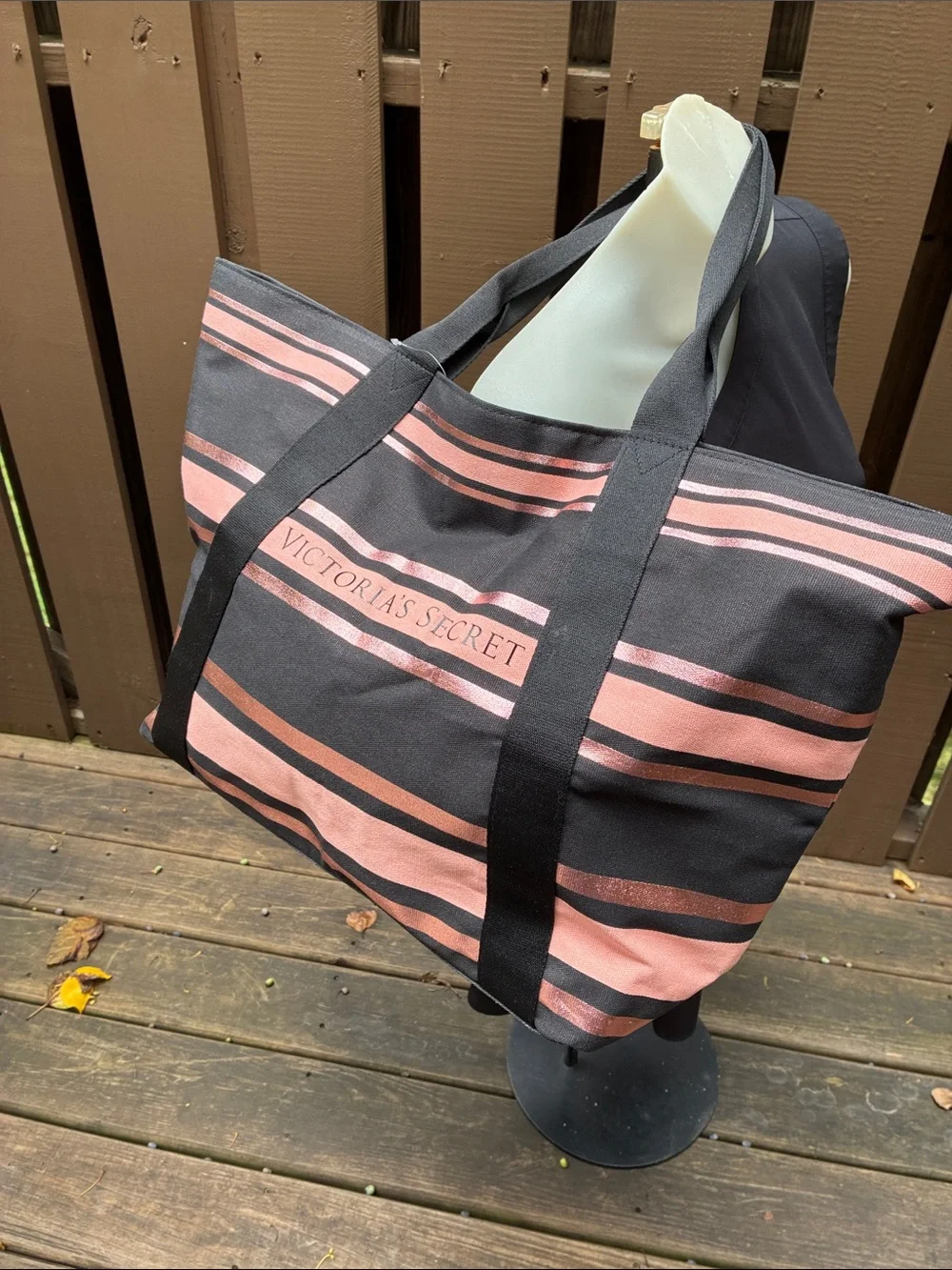 NWT Victoria's Secret Black & Pink Striped Tote Bag